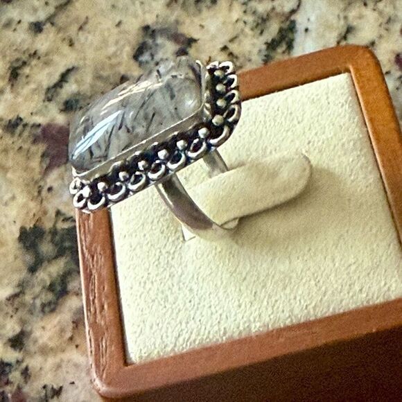 Black Rutilated Gemstone Statement Ring Sterling Silver Artisan Made Size 7 New - Picture 2 of 5